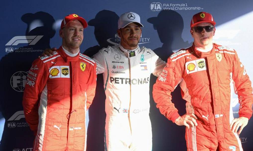 Da sinistra Vettel, Hamilton e Raikkonen. Afp